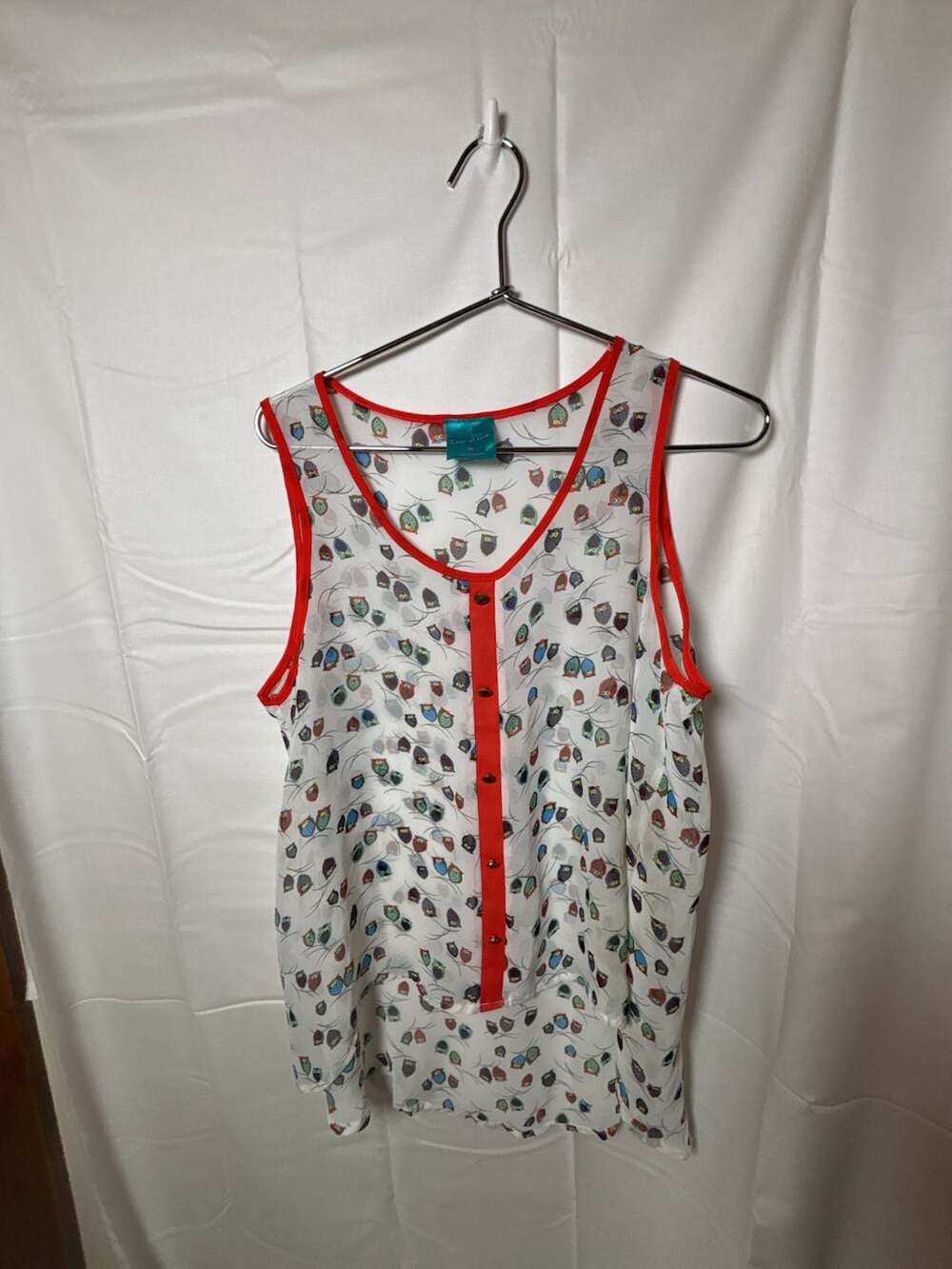 Color of Love Women's Sheer Owl Print Sleeveless Tank Top with Neon Orange Trim
